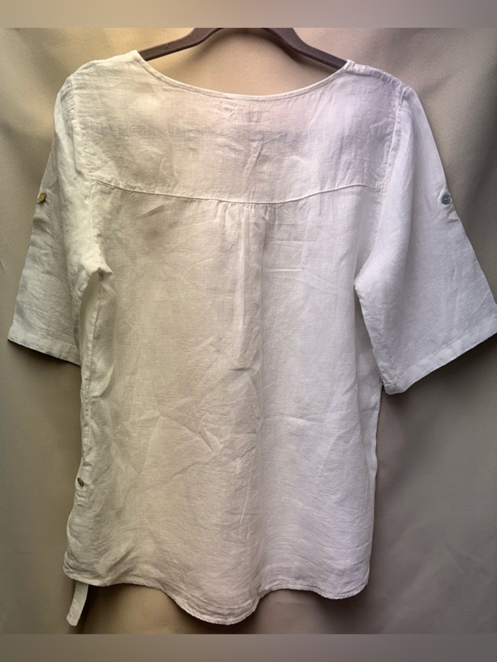 Lina Tomei Women’s White Linen Top Size Large Pleated Short Roll Tab Sleeves - Picture 2 of 9